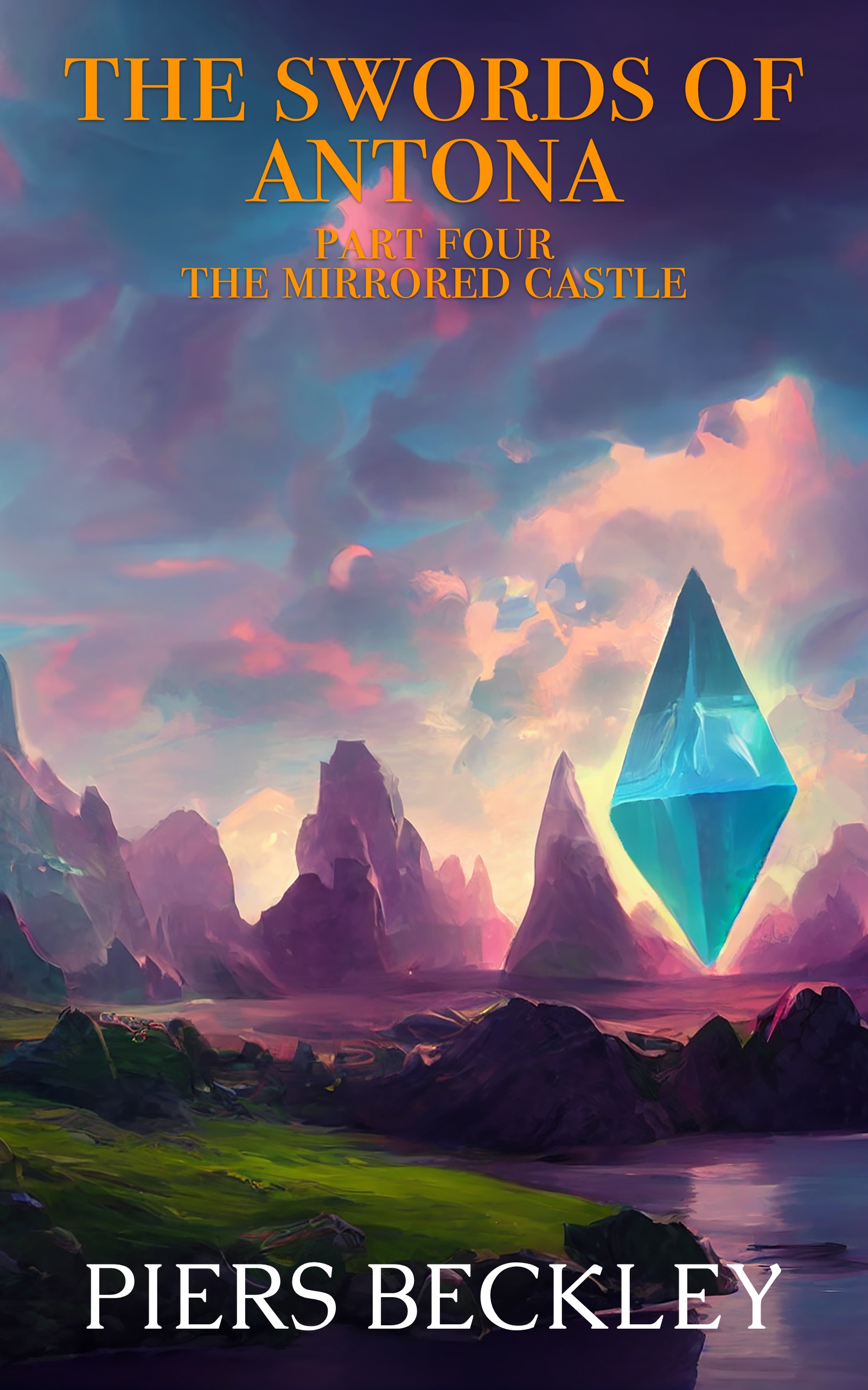 The cover of The Mirrored Castle. A gem the size of a city floats in the air above an alien landscape.